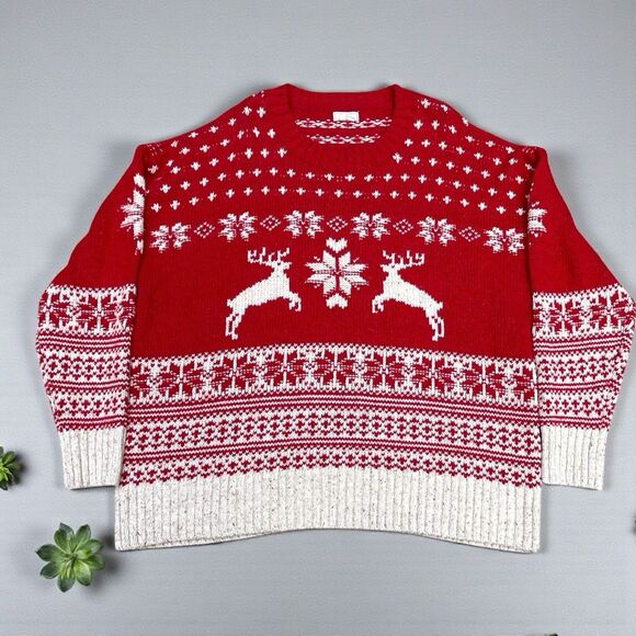 Fat Face UK Wool Blend Fair Isle Red Cream Reindeer Ski Resort Sweater Size 18 - Picture 1 of 16